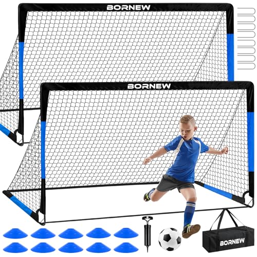 Kids Soccer Goal for Backyard Set - 2 Set of 7X5 / 6X4 ft Toddler Soccer Nets Training Equipment, Soccer Ball, Pop Up Portable Soccer Set for Kids and Youth Games and Training Goals Ages 3-16 Gift - color: 4.Black Blue, style: 6' x 4'