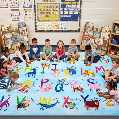 6x9 ABC Classroom Rug for Kids Playroom, Alphabet Rug with 26 Animals, Non-Slip Washable Kids Carpet, Educational Preschool Play Mat for Daycare, Nursery, Toddler Bedroom - color: Blue, size: 6' x 9' (Rectangular)