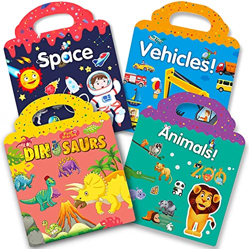 RUSON Reusable Sticker Book for Kids, 4 Sets Educational Learning Toys Travel Stickers Activity Books for Toddler Girls Boys Age 3+ Birthday Gifts - Vehicle, Space, Dinosaur & Animals - style: Vehicle + Dinosaur + Animal + Space