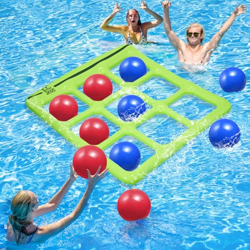 TicTac Shot Pool Toys Games Set- Tic Tac Toe Inflatable Pool Toy with 10 Balls - for Adults Teens Kids 2-10 Players - color: Green