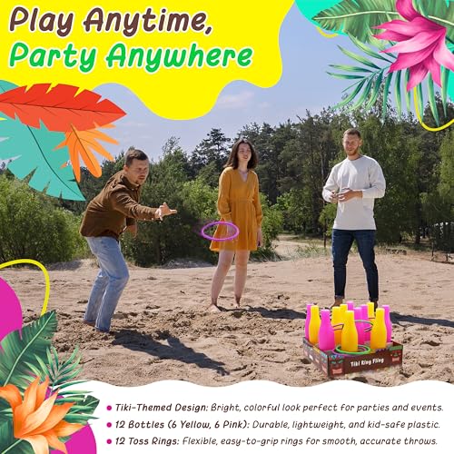 4E's Novelty Tiki Ring Fling Bottle Ring Toss Game Set for Party Games for Adults and Family, Beach Summer Hawaiian Luau Outdoor Indoor Game Activity