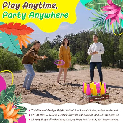 4E's Novelty Tiki Ring Fling Bottle Ring Toss Game Set for Party Games for Adults and Family, Beach Summer Hawaiian Luau Outdoor Indoor Game Activity