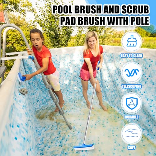 Tioncy 3 Pcs Pool Brushes Kit with 47" Pole Adjustable, 10" Pool Brush Head, Hand Scrub Brush & Scouring Sponge Pads with Aluminum Pole for Spa Hot Tub Bathroom Kitchen Home Tiles Walls Floors