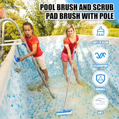 Tioncy 3 Pcs Pool Brushes Kit with 47" Pole Adjustable, 10" Pool Brush Head, Hand Scrub Brush & Scouring Sponge Pads with Aluminum Pole for Spa Hot Tub Bathroom Kitchen Home Tiles Walls Floors