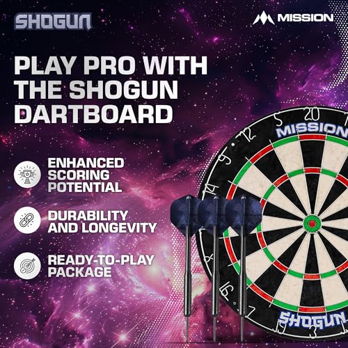 Mission Darts | Shogun Set | Endurance Premium Sisal Dartboard with Round Wire Design | Includes 2 Sets of Steel Tip Darts.