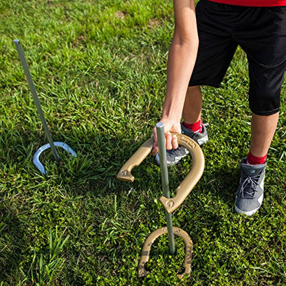 Champion Sports Horseshoe Set: Traditional Outdoor Lawn Game includes Four Professional Solid Steel Horseshoes with Solid Steel Stakes & Carrying Storage Case - style: Tournament Set