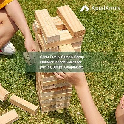 ApudArmis Giant Tumble Tower Stack to Over 5Ft, 56 PCS Pine Wooden Stacking Timber Game with 1 Dice Set - Classic Block Giant Outdoor Game (7.48 * 2.48 * 1.5In Each Block) - color: Burlywood, size: XL-Over 5FT