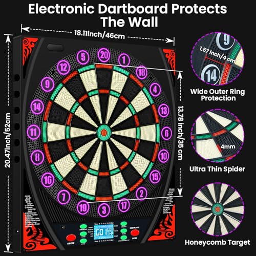 Electronic Dart Boards for Adults with Illuminated Number Ring&Backlit LED Display, Digital Dart Board Electronic with 34 Games&369 Options, Electronic Soft Tip Dart Board Set for 1-8 Players