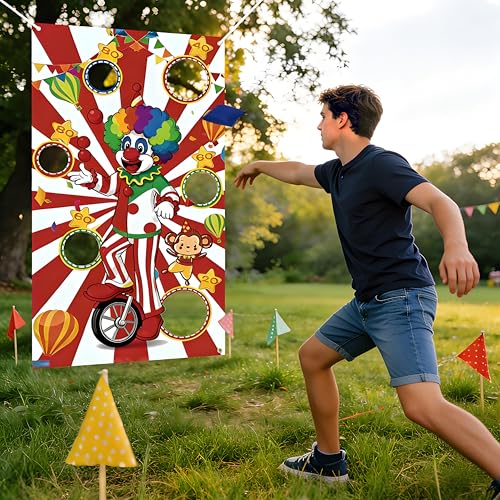 Carnival Toss Game Banner with 3 Bean Bags and 19.6ft String,Washable Heavy Duty Outdoor Indoor Carnival Theme Party Game Banner for Adults(53x30in)