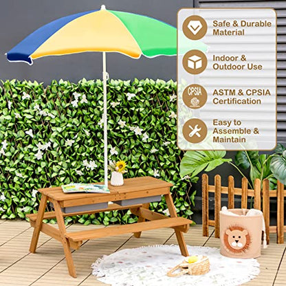 ARLIME Sand and Water Table - 3-in-1 Kids Picnic Table with Height Adjustable Umbrella, Removable Table Top & 2 Detachable Game Boxes, Water Play Table for Boys Girls, Outdoor Sensory Table (Colorful)