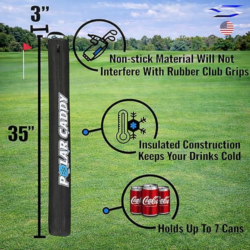 Polar Caddy Insulated Golf Bag Cooler Sleeve – Discreet 7 Can Beverage Chiller Full Length Zipper Adjustable Shoulder Strap Hidden Golf Cooler Bag Fits Most Cart Standard Bags - color: Black Polar Caddy