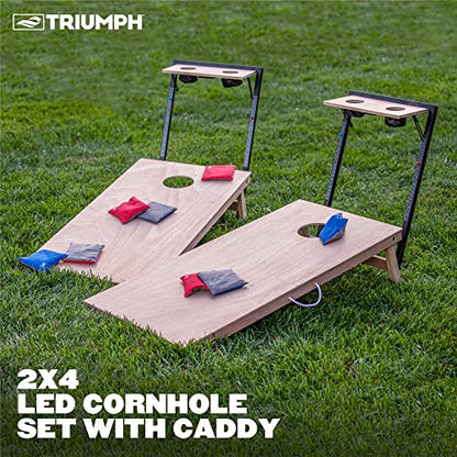 Triumph 2x4 Cornhole Set with Integrated Caddy and LED Lights – Full-Size Cornhole Boards with Cup Holders, Snack Shelf, Score Tracker, and 8 Toss Bags for Backyard, Tailgates, and BBQ Parties