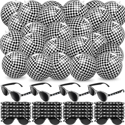 48 Pcs Checkered Beach Ball with Glasses Race Themed Party Favors Black and White Inflatable Beach Ball 10 Inch Race Car Birthday Decoration and Summer Pool Gifts Supplies - style: Checkered Flag