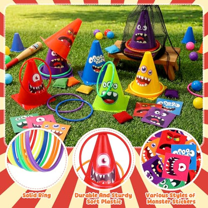 RoundFunny 12set 3 in 1 Monsters Ring Toss Game Set, Carnival Game Kit with Cones, Rings, Bean Bags & Storage Bag, Includes for DIY Toss Games, Birthday Party, Easter, Carnival - style: Monster