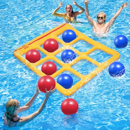 TicTac Shot Pool Toys Games Set- Tic Tac Toe Inflatable Pool Toy with 10 Balls - for Adults Teens Kids 2-10 Players - color: Yellow