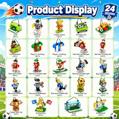 Parsin Soccer Building Blocks Toys Set, 2026 World Cup Theme 24-Pack Blind Box with Stadium, Figures & Keychains, 712 PCS Soccer Gifts for Fans, Individually Wrapped Party Favors