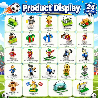 Parsin Soccer Building Blocks Toys Set, 2026 World Cup Theme 24-Pack Blind Box with Stadium, Figures & Keychains, 712 PCS Soccer Gifts for Fans, Individually Wrapped Party Favors