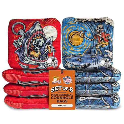 Cornhole365 - Stick & Slide - Professional Corn Hole Bag - Heavy-Duty Double-Stitched Polyester Fabric & Resin Filling for All-Weather - Versatile Regulation Size Cornhole Bean Bags - Set of 8 - color: Shark