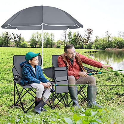 LDAILY LUARANE Folding Double Camping Chair, Outdoor Picnic Chairs w/Removable Umbrella, Mini Table, Cup Holder & Carrying Bag, Portable Camping Loveseat for Patio, Pool, Lawn, Beach, Park (Grey) - color: Grey