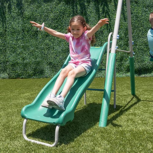 The Swing Company 600LBS Yonkers Metal Swing Set, Outdoor Backyard Playset Kids Aged 3-8 with 2 Swings, Glide Ride, Trapeze, 5ft Slide, Anchor Kit, 6ft Durable Steel Frame
