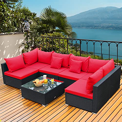 Tangkula 7 Piece Patio Furniture Set, Outdoor Sectional Sofa w/Pillows and Cushions, Wicker Sofa Conversation Set with Coffee Table, Patio Sofa and Tea Table Set for Garden, Lawn (Red) - color: Black & Red, size: 7 Pieces