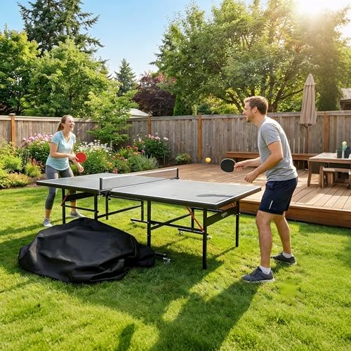 PingPong Table Cover 600D Heavy Duty Oxford Fabric 9x5 FT Universal Fit for Folding & Flat Tables, Waterproof Sunproof for Indoor Outdoor Use with Paddle Storage Bag