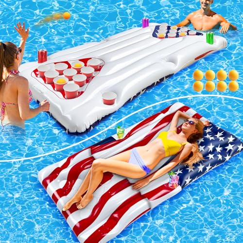 2 in 1 Patriotic Pool Float & Pong Toss Games Table with 8 Balls, 4th of July Pool Toys Game for Adults Kids Family, 6Ft x 3Ft Inflatable Floats Lounge Raft for USA 250th Anniversary (No Include Cup)
