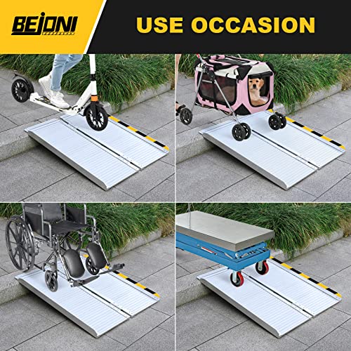 BEJONI 4FT Portable Wheelchair Ramp with Handle, 28'' Wide, Sliver | Aluminum Folding Handicap Ramp, 600 Lbs Capacity Non-Skid Wheelchairs for Home Steps, Thresholds, Doorways, Front Porch - size: 4FT x 28'' W