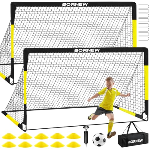 Kids Soccer Goal for Backyard Set - 2 Set of 7X5 / 6X4 ft Toddler Soccer Nets Training Equipment, Soccer Ball, Pop Up Portable Soccer Set for Kids and Youth Games and Training Goals Ages 3-16 Gift - color: 1.Black Yellow, style: 7' x 5'