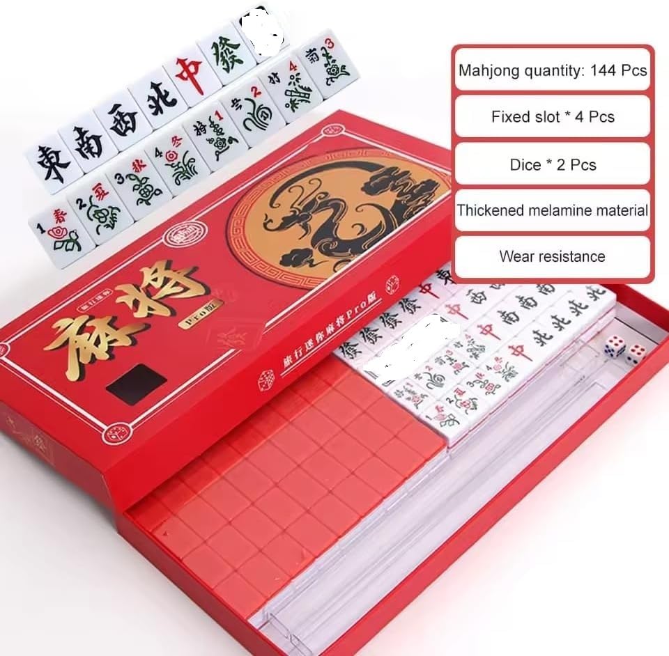 Portable Mini Mahjong Set 1"x0.6" Fall-Resistant Logical Thinking Exercise Puzzle Board Game Chess and Cards Gift for Friends Family Dragon Year Box