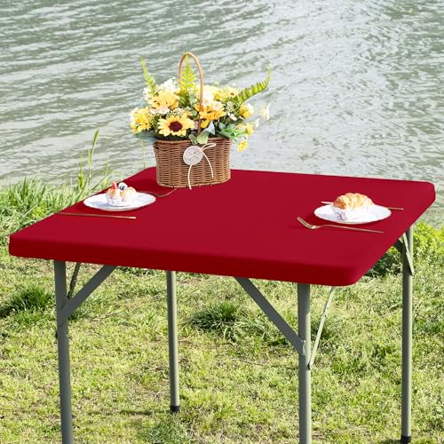Square Fitted Table Cover Elastic Tablecloth Stretch Spandex Table Top Cover Table Topper Cap for Dining Kitchen Home Party Burgundy 34X34 Inch - color: Burgundy, size: 34" x 34" (Square)