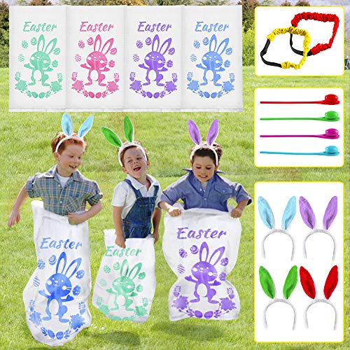 18PACK Easter Party Games for Kids, Easter Potato Sack Race Bags,Bunny Ears Headbands, Egg and Spoon Race Games,Legged Relay Race Bands,Easter Outdoor Games for Easter Eggs Hunt,Easter Party Supplies