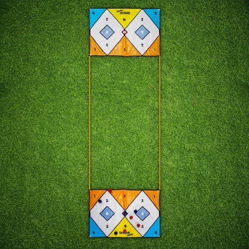 Skatta Ball Premium Yard Game Set - Outdoor Bocce and Shuffleboard Hybrid Lawn Play for Adults & Family - Weatherproof Backyard Beach Activity Kit with 2 Target Boards, 8 Rolling Balls