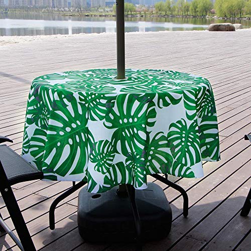 Melaluxe Spring/Summer Wrinkle-Free Waterproof Outdoor Tablecloth with Umbrella Hole and Zipper, Green Leaves, 60" Round-Zippered - color: Green Leaves, size: 60" (Round)