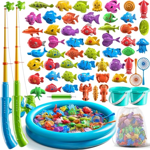 NIPLOOOW Pool Fishing Toys Games, Water Table Bathtub Toy with Inflatable Pool Pole Rod Net Plastic Floating Fish, Birthday Gifts for Kids Age 3 4 5 6 Year Old,Kids Outdoor Toys - style: 60PCS + Large Fishing Pool