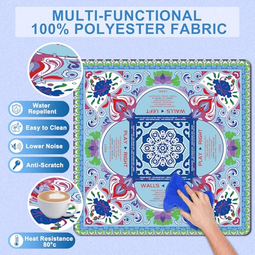 Mahjong Mat for Table with Rules 33×33", 3mm Thick, Boho Floral Design | Non-Slip, Waterproof, Noise-Reducing Table Cover for American Mahjong, Poker, Board Games , Dominoes, and Card Games - color: Blue-2