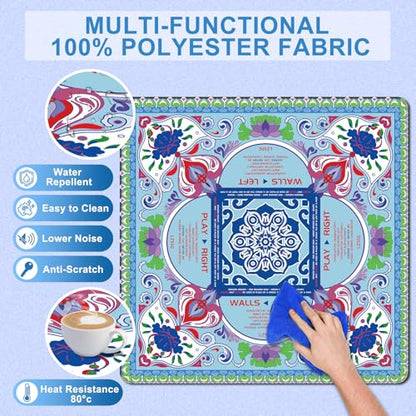 Mahjong Mat for Table with Rules 33×33", 3mm Thick, Boho Floral Design | Non-Slip, Waterproof, Noise-Reducing Table Cover for American Mahjong, Poker, Board Games , Dominoes, and Card Games - color: Blue-2