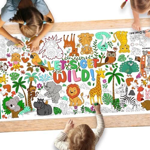 Safari Jungle Party Coloring Poster, 31.5x72" - Ideal as Safari Birthday Decorations, Kids' Coloring Table Cloth, Jungle Tablecloth for School Party & Special Events - style: WILD