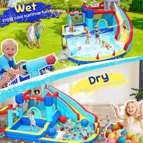 Whubefy 15x14.5ft Bounce House Water Slide Park, 13in1 Huge Blow up Waterslides Inflatable for Kids Backyard w/750W Blower, Pool, Soccer Goal, 5-hole Target Toss Game, Dart Board for Big Kids 8-12 3-6