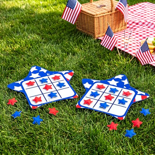 Reallnaive 2 Set 4th of July Tic Tac Toe Game Include 2 Pcs USA Star Shaped Mats 20 Star Bean Bags Toss Patriotic Party Activities for Adults Family Indoor Outdoor Memorial Day Party Game - style: 4th of July