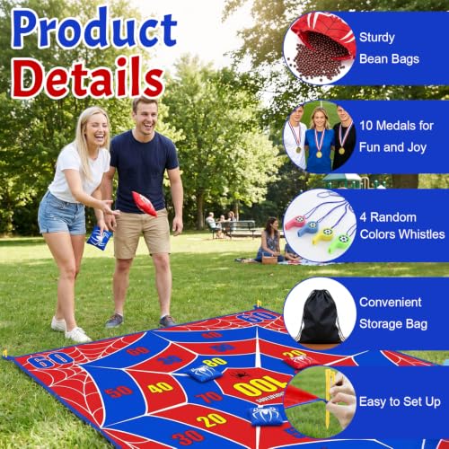 2-in-1 Giant Tic Tac Toe Game Bean Bag Toss Outdoor Games, 4.5FT Spider Tic Tac Toe Game with 10 Pcs Bean Bags, Outside Games for Adults and Family Lawn Yard Carnival Field Day Camping Party - color: Red Blue