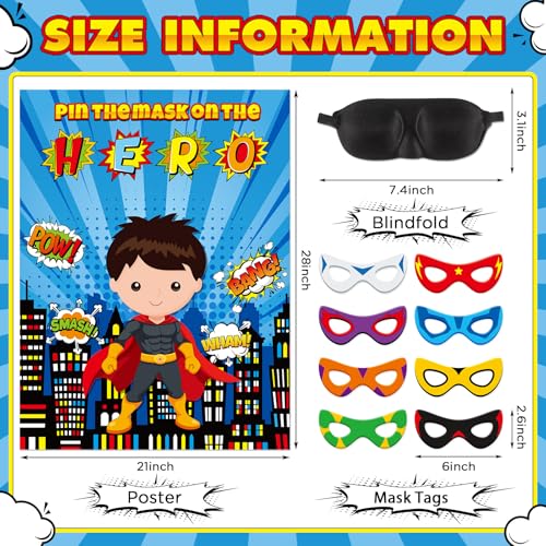Faccito Hero Party Games Super Theme Hero Games Pin Mask on The Cityscape Poster with 24 Pcs Stickers and Blindfold Pin The Tail Set for Birthday Party Decorations Carnival Favors Supplies - style: Hero