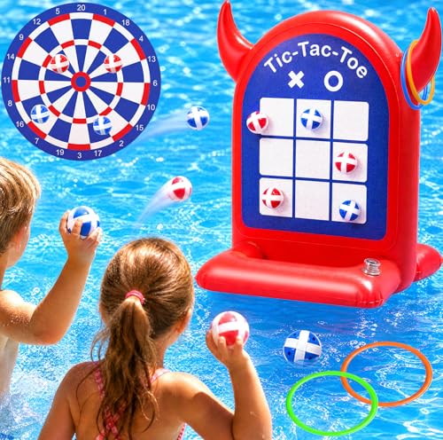 Pool Games Toys Set 3-in-1 Outdoor Water Toys with Throwing Balls & Ring Toss Inflatable Pool Toys Swimming Pool for Kids Ages 4-8 Teens Adults for Yard Beach Party Outdoor Games (Red Blue) - color: red+blue