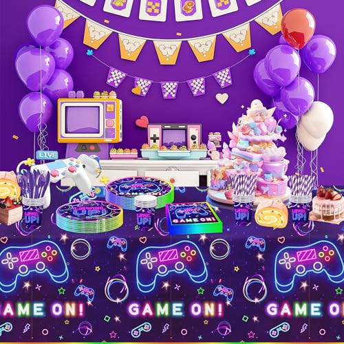 Video Game Party Tablecloth Decorations - Disposable Neon Glow Level Up Game On Birthday Party Supplies Table Cover - 3 Pack (54in x 108in)