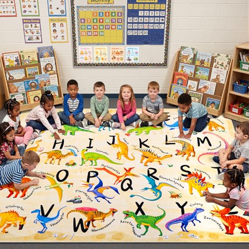 6x9 ABC Classroom Rug for Kids Playroom, Alphabet Rug with 26 Dinosaurs, Non-Slip Washable Kids Carpet, Educational Preschool Play Mat for Daycare, Nursery, Toddler Bedroom - color: Beige, size: 6' x 9' (Rectangular)