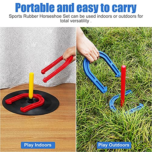 Outdoor Indoor Rubber Horseshoes Set Includes 4 Horseshoes,2 Pegs,2 Rubber Mats,2 Red Plastic dowels,Beach Games Perfect for Tailgating,Camping,Backyard,Fun for Kids Adults