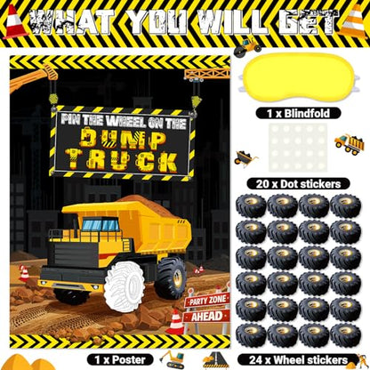 Faccito Construction Party Game Construction Birthday Party Supplies Pin The Wheel on The Dump Truck Game Construct Theme Poster with 24 Pcs Stickers for Decoration Supplies - style: Construction