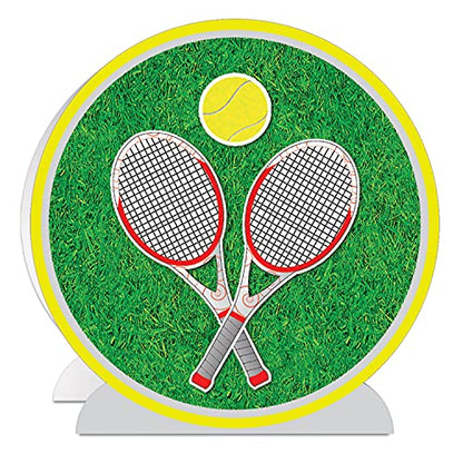 Beistle 3-D Tennis Centerpiece, 9.25" Tall - Sports Table Decorations, Racquet & Yellow Ball, Athletic Tournament Decor - style: Tennis