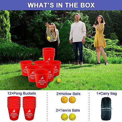 Aivalas Yard Pong Outdoor Games, Giant Yard Games Set with 12 Buckets and Balls for Adults and Family, Toss Game Throwing Games for Beach, Camping, Lawn and Backyard - color: Red