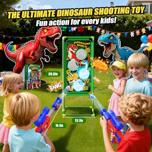 Dinosaur Shooting Game Toys, 2 Air Pump Launcher with Aiming Fun, 3 Dinosaur Theme & 4 Target Score Points, 24 Foam Balls, Indoor Outdoor Toy Gift for Kid Boy 3 4 5 6 7 8 9 10 11 12 Year Old Age 3-12